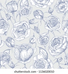 Botanical seamless pattern with blooming English roses hand drawn with contour line on white background. Backdrop with elegant tender flowers. Monochrome vector illustration in vintage style