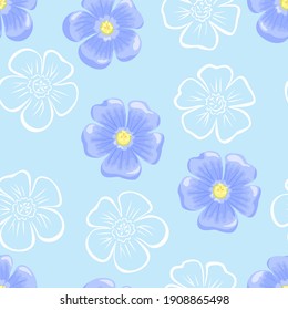 Botanical seamless pattern with Blue flowers. Vector cartoon color illustration and white outline. Floral background.