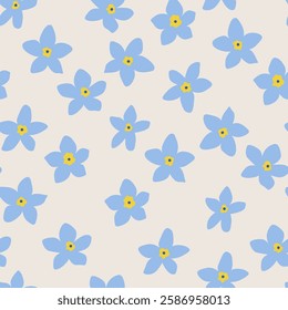 Botanical seamless pattern with blue flowers of forget me nots. Vector flat background of small buds