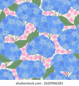 Padrão botânico sem emenda com flores e folhas de hortênsia azul. Fundo plano do vetor floral da flor