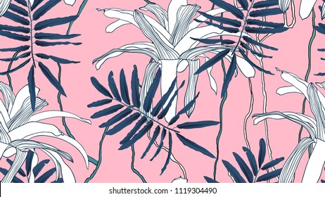 Botanical seamless pattern, blue leaves, Bromeliaceae plant and vines on pink background, blue and pink tones