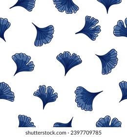 Botanical seamless pattern with blue leaves ginkgo biloba. Natural design at abstract leaf, nature inspired. Print in Scandinavian, Swedish style