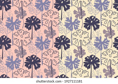 Botanical seamless pattern, blue lilac color silhouettes, outline flowers, leaves of meadow herbs. Transparent background. Vector illustration