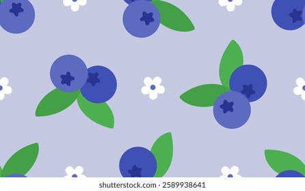 Botanical seamless pattern with blueberry twigs and green leaves. Summer background with berries ornament