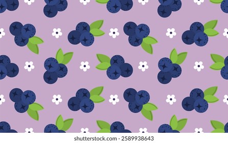 Botanical seamless pattern with blueberry twigs and green leaves. Summer background with berries ornament