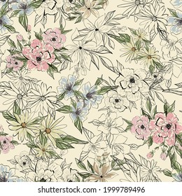 Botanical seamless pattern. Bouquets of flowers. Vintage line art design for fabric, wallpaper. Isolated botanical elements.
