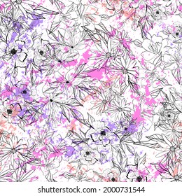 Botanical seamless pattern. Bouquets of flowers. Vintage line art design for fabric, wallpaper. Isolated botanical elements.