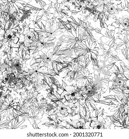 Botanical seamless pattern. Bouquets of flowers. Vintage line art design for fabric, wallpaper. Isolated botanical elements.