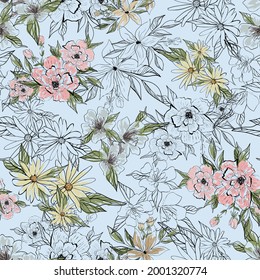 Patrón sin costuras botánicas. Bouquets de flores. Diseño de líneas antiguas para tela, papel pintado. Elementos botánicos aislados.