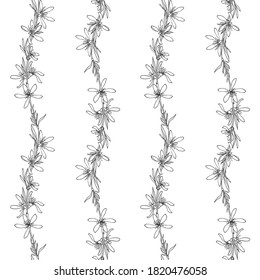 Botanical seamless pattern of the branches of the almonds.Almonds with flowers,leaves,buds.Black outline drawing of branches on a white background.For decorating textiles,paper,Wallpaper,packaging.