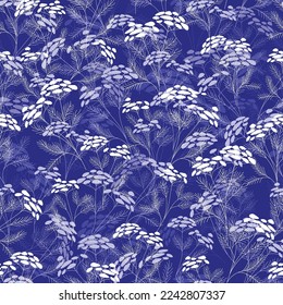 Botanisches nahtloses Muster mit Ästen, Blättern. Naturmotiv in Blau gezeichnet. Gut geeignet für Betten, Stoff, Kleidung, Tapete, Umhüllung