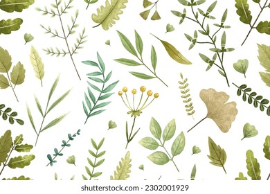 botanical seamless pattern with branches, leaves, herbs, illustration