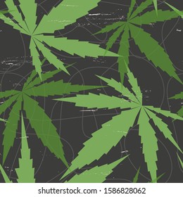 Botanical seamless pattern with cannabis leaves on a dark grey background. Isolated vector marijuana foliage graphic assembled as repeat design with scratch texture.