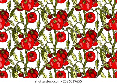 Botanical seamless pattern with cartoon growing red tomatoes vector illustration. Repeating vegetables pattern in white color background. Graphic design for Wallpaper Fashion Textile Cover Birthday