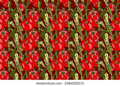 Botanical seamless pattern with cartoon growing red tomatoes vector illustration. Repeating vegetables pattern in bordo color background. Graphic design for Wallpaper Fashion Textile Cover Birthday