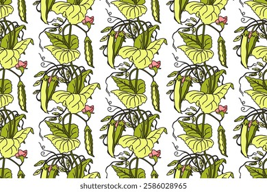 Botanical seamless pattern with cartoon growing green peas vector illustration. Repeating vegetables pattern in white color background. Graphic design for Wallpaper Fashion Textile Cover Birthday Card