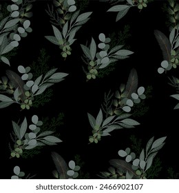 Botanical seamless pattern with Christmas elements such as fir, holly berry, spruce . Vector.