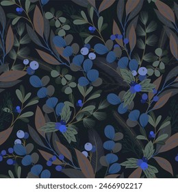 Botanical seamless pattern with Christmas elements such as fir, holly berry, spruce . Vector.