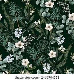 Botanical seamless pattern with Christmas flowers and elements. Vector