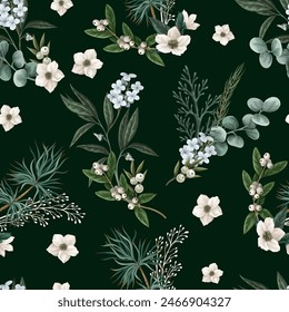 Botanical seamless pattern with Christmas flowers and elements. Vector