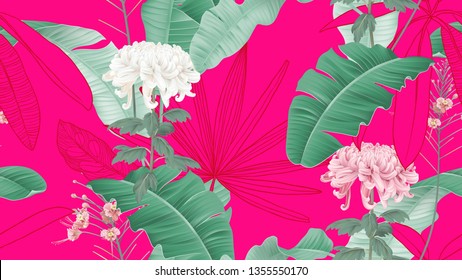 Botanical seamless pattern, Chrysanthemum morifolium flowers and various leaves on vibrant pink