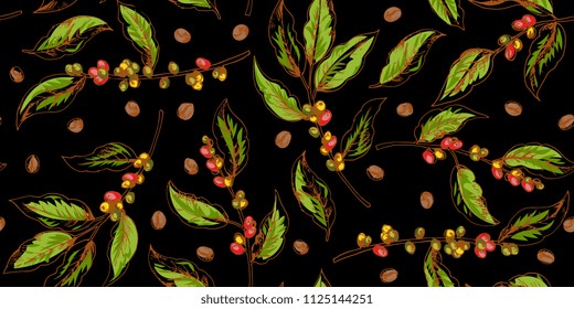 Botanical seamless pattern with coffee branches and beans