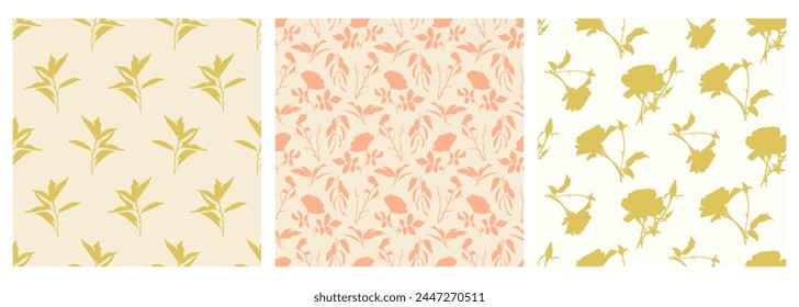 Botanical Seamless Pattern Collection. Leaves and Branches Motifs. Minimal Garden Ornament Vintage Backgrounds Set.