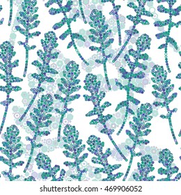 Botanical seamless pattern with colorful mosaic leaves on white background. Unique creative geometric vector illustration made of polygons.