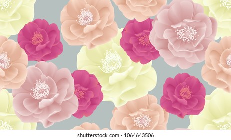 Botanical seamless pattern, colorful rose flowers on blue background