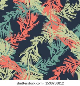 Botanical seamless pattern. Colorful silhouettes of spruce branches with needles. Tree elements in vintage style. Flat botanical background. Textile and fabric design. 