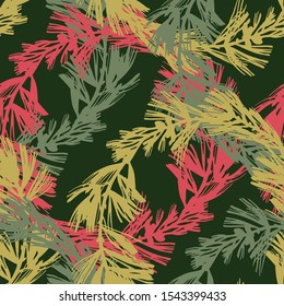 Botanical seamless pattern. Colorful silhouettes of spruce branches with needles. Tree elements in vintage style. Flat botanical background. Textile and fabric design. 