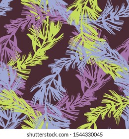 Botanical seamless pattern. Colorful silhouettes of spruce branches with needles. Tree elements in vintage style. Flat botanical background. Textile and fabric design. 