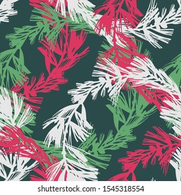 Botanical seamless pattern. Colorful silhouettes of spruce branches with needles. Tree elements in vintage style. Flat botanical background. Textile and fabric design. 