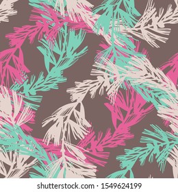 Botanical seamless pattern. Colorful silhouettes of spruce branches with needles. Tree elements in vintage style. Flat botanical background. Textile and fabric design. 