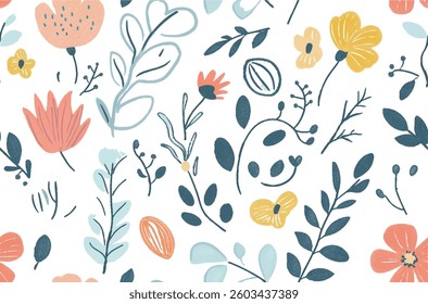 Botanical seamless pattern colorful wildflowers and leaves elements. Decorative hand drawn floral, foliage elements. Easter day concept. Flat vector illustration.