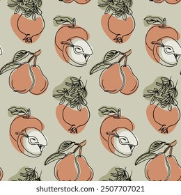 Botanical seamless pattern with contour drawing of organic fruits. Vegan concept drawing son light green background in boho style. Juicy apples, pears and pomegranates