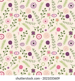 Botanical seamless pattern. Cute cartoon flowers and leaves on a light yellow background. Green twigs. Pink circles and dots.
