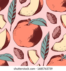 Botanical seamless pattern of cute peach, halfs, seed, leaf