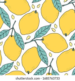 Botanical seamless pattern of cute ripe lemons on branches, leaves, seeds