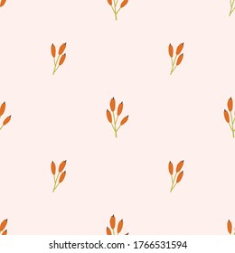 Botanical seamless pattern with decorative branches of berries on light pink background. Natural autumn backdrop. Hand drawn style for textile, wrapping paper, background flat design.
