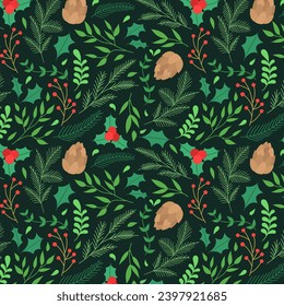 Botanical Seamless pattern with Different flowers, leaves and pine nuts. Seamless Christmas Background Vector