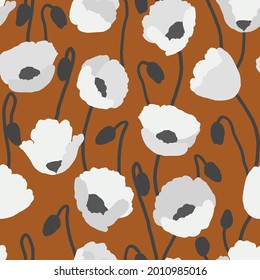 botanical seamless pattern. digital design for fabric, surface, stationery, wallpaper. stylized white poppy flowers on a red brick background