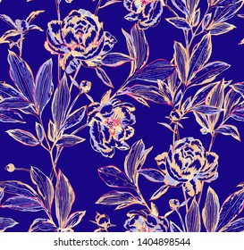 Botanical seamless pattern. Elegant peonies, buds and leaves. Contour drawing, etching graphic technique, embroidery illusion. Vintage line art background with beautiful flowers for textile and fabric