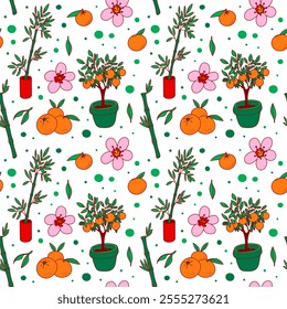 Botanical seamless pattern, endless ornament. Green bamboo sticks and leaves, orange tree and flowers isolated on a white background. Wallpapers, backgrounds, print, textile, wrapping, papers, fabric