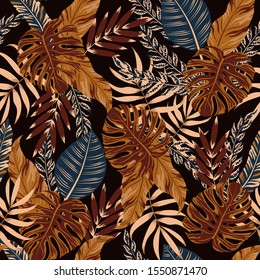 Botanical seamless pattern with exotic leaves on dark background. Exotic wallpaper, Hawaiian style. Creative pattern with tropical plants. Vector background for various surface. 