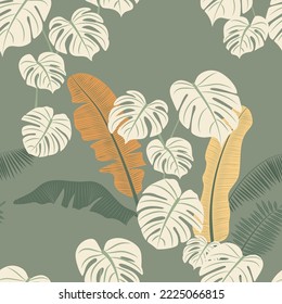 Botanical seamless pattern with exotic tropical leaves in soft sage green colors. Jungles background in modern boho style in perfect for textile, cards, scrapbooking, wrapping paper for kids and adult