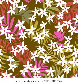 Botanical seamless pattern. Exotic twigs, sprigs, leafage, foliage and daisy flowers. Floral background nature summer motif.