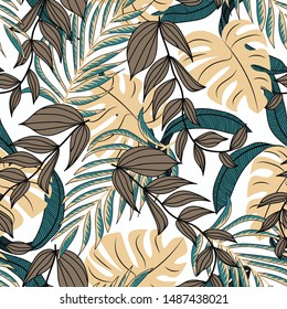 Botanical seamless pattern in fashionable style. Tropical design. Printing and textiles. Floral print. Exotic ornament. Hand drawn style on white background.