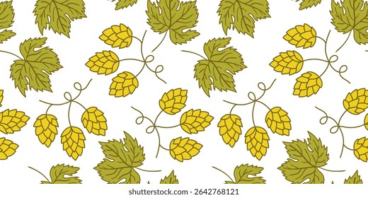 padrão sem emenda botânica com cones dourados e folhas verdes um fundo perfeito para cervejarias oktoberfest ou embalagem de produtos orgânicos