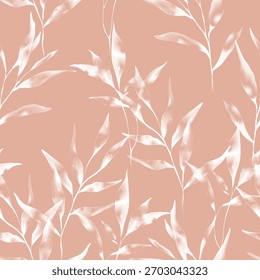 Botanical seamless pattern featuring leafy branches in translucent white tone on a muted coral background